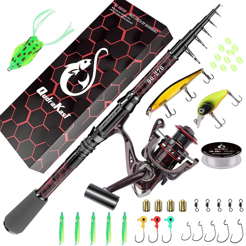 QudraKast Fishing Rod and Reel Combos, Unique Design with X-Warping Painting, Carbon Fiber Telescopic Fishing Rod with Reel Combo Kit with Tackle Box, Best Gift for Fishing Beginner and Angler (240 Rod) - Image 1
